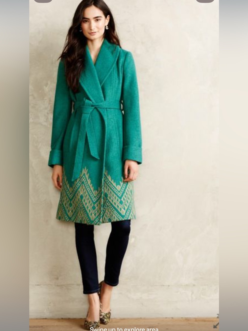 Anthropologie Green Belted Stitched Jali Coat embroidered hem wool blend dressy